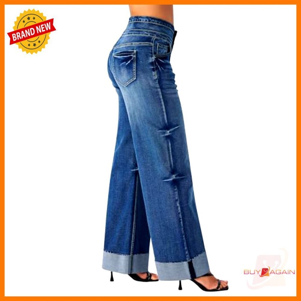 High Waisted Stretchy Wide Leg Jeans Cuffed Baggy Loose Denim Pants - Picture 2 of 7